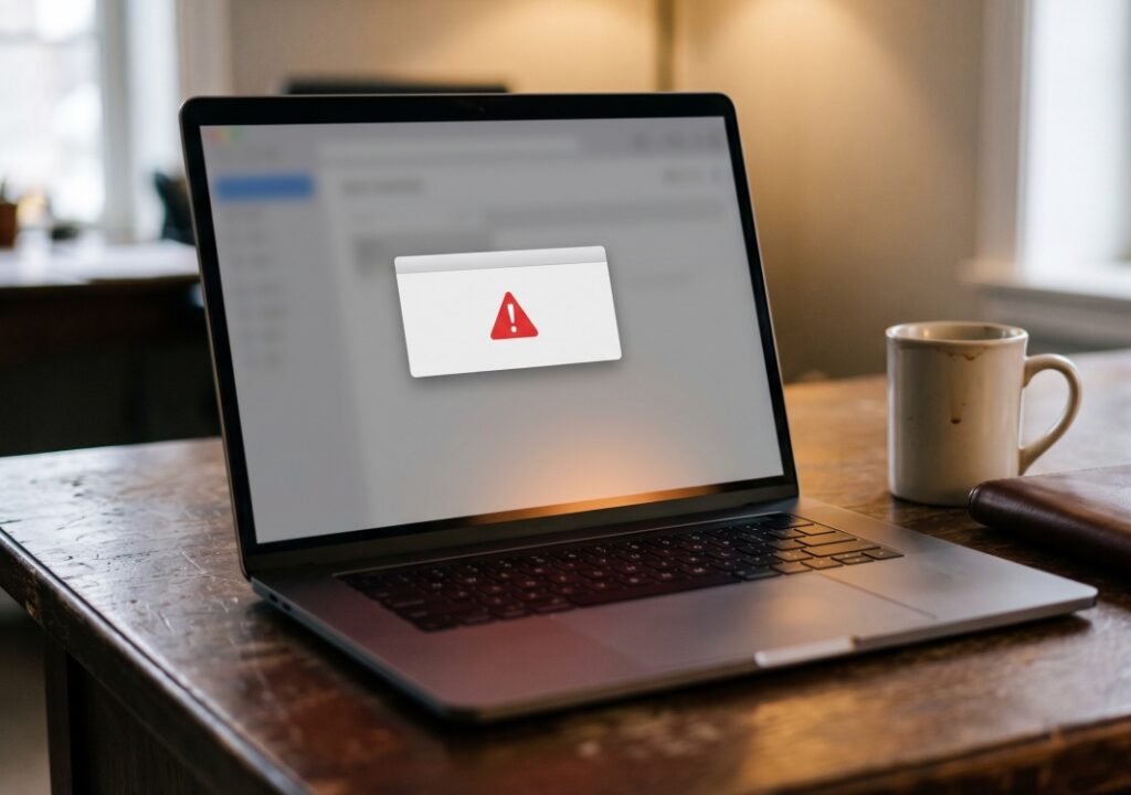 Open laptop on wooden desk displaying a red triangular cybersecurity warning alert in a small business office