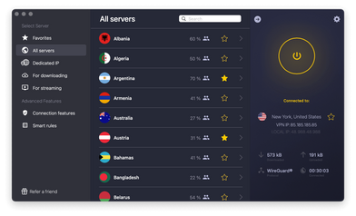 CyberGhost VPN app interface showing a server list by country and a connected status to a New York server