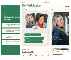Three smartphones showing the eharmony app, including a free-time question, a How You Fit Together compatibility screen, and a member profile