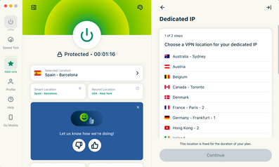ExpressVPN app interface showing a connected status with a server location list and dedicated IP setup screen