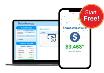 FileYourTaxes.com tax filing interface shown on a laptop and phone displaying a federal return summary and an average IRS refund amount