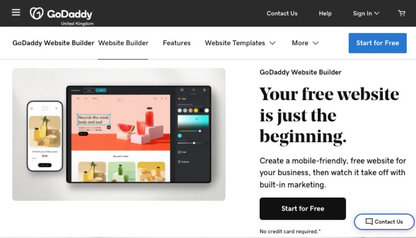 GoDaddy Website Builder landing page showing the builder interface on tablet and phone with a 
