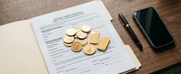 Gold IRA rollover transfer form topped with gold coins and two fine gold bars beside a fountain pen and phone