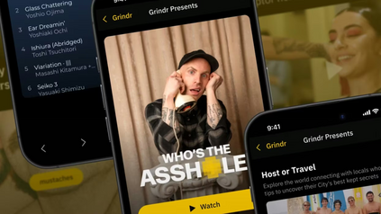 Three tilted smartphones showing the Grindr app, including a Grindr Presents video screen and editorial content sections