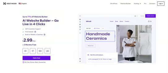 Hostinger AI Website Builder landing page advertising a discounted plan at $2.99/mo alongside a preview of the builder creating a handmade ceramics store
