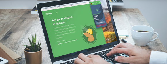 Mullvad VPN connected screen on a laptop showing a 