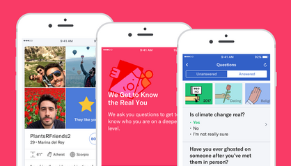 Three smartphones showing the OkCupid app, including a member profile, an intro screen, and the questions matching feature