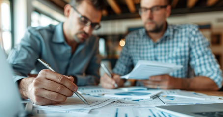 Two men reviewing printed financial charts and documents spread across a table during a meeting