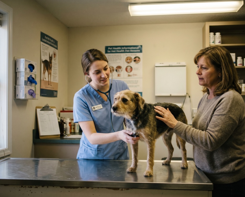 Veterinarian listening to a dog's chest with a stethoscope on an exam table while the owner steadies her pet