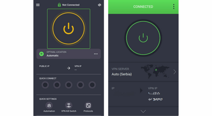 Two phone screens of Private Internet Access VPN app showing a disconnected state and a connected state with server details