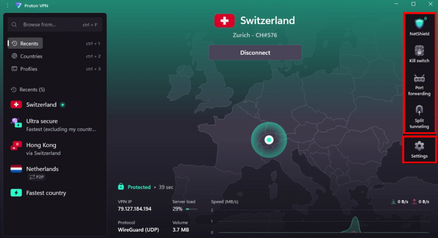 Proton VPN desktop app connected to a Switzerland server with a country list and a European map view