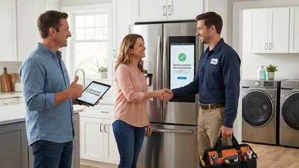 15:35Claude respondeu: Select Home Warranty technician shaking hands with a homeowner in a kitchen after completing a covered refrigerator repair, with a 