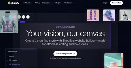 Shopify website builder landing page with the headline 