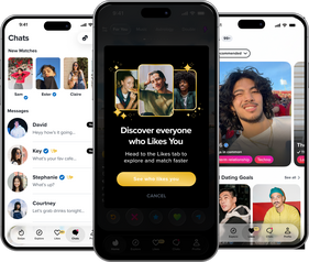 Three smartphones showing the Tinder app, including the Chats list, the Likes You upgrade screen, and a profile view