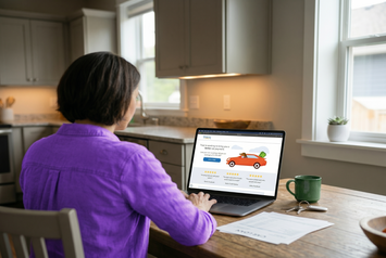 Woman in an purple shirt at her kitchen table comparing auto refinance loan offers by APR and monthly payment on a laptop.
