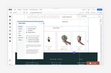 Wix website editor showing the Slider Gallery settings panel for configuring related product displays on an e-commerce product page