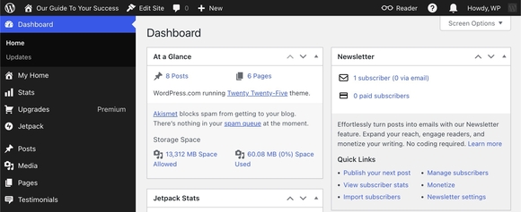 WordPress.com admin dashboard showing the At a Glance, Newsletter, and Jetpack Stats widgets with site post, page, and storage details