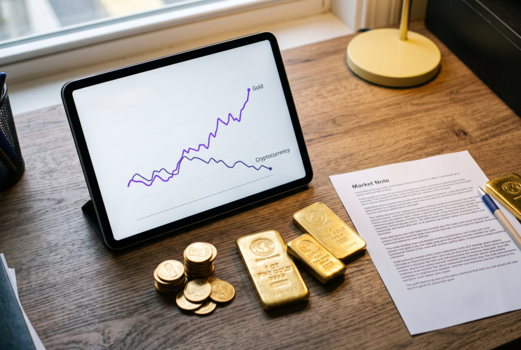 Tablet on a desk showing a rising gold price line and a falling cryptocurrency line, beside physical gold bars and coins, illustrating gold IRA demand.