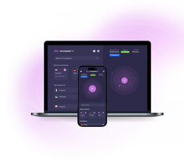 Mysterium VPN desktop and mobile app interface showing the connection dashboard with residential IP locations and connected status