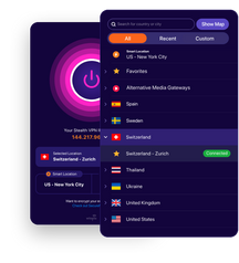 WiTopia personalVPN app on a dark purple interface showing the circular power connect button and a server location list with Switzerland Zurich selected and connected